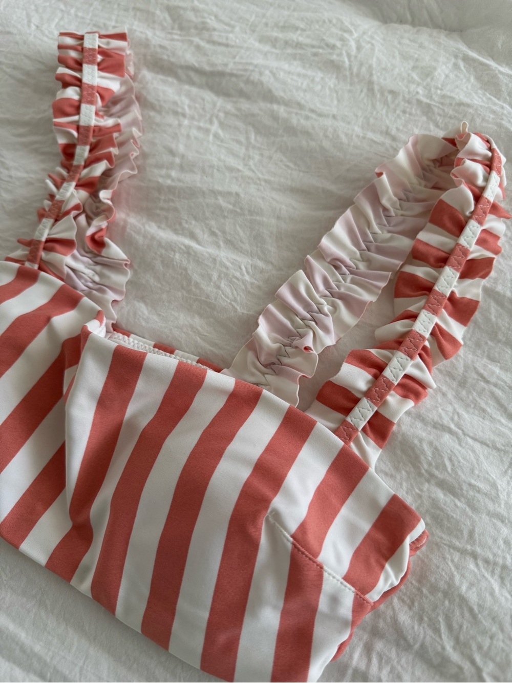 Aerie Striped Ruffle Strap Bikini Set - Coral & White - Picture 5 of 8